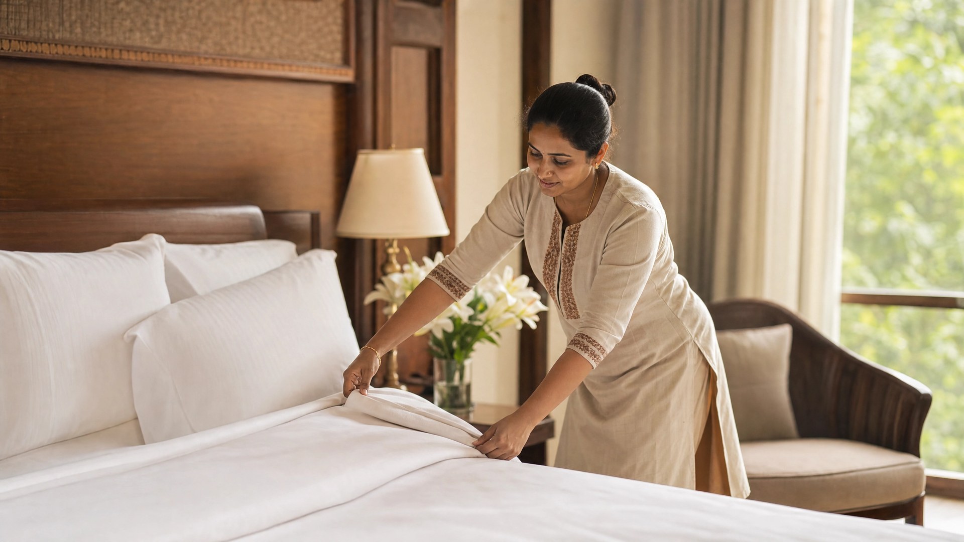 Housekeeper preparing fresh white linens in a luxury bedroom