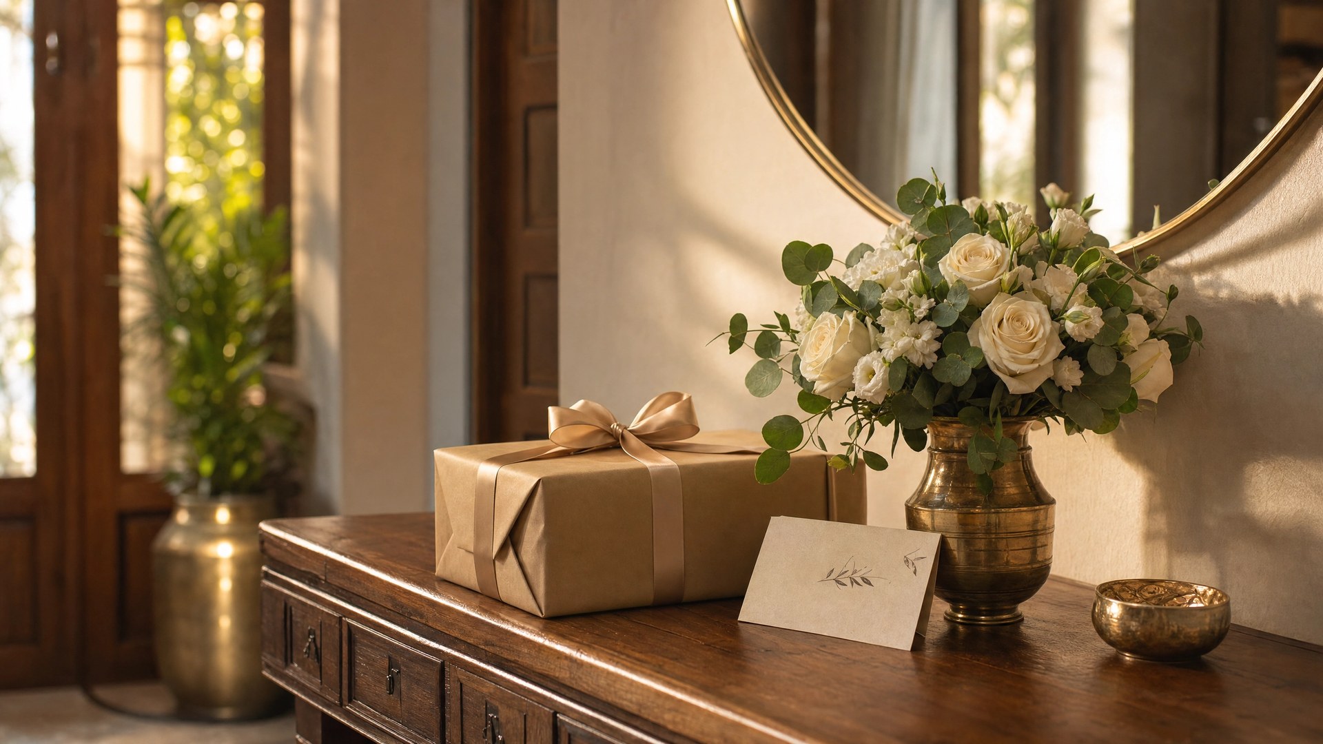 Thoughtfully wrapped gift with fresh white roses