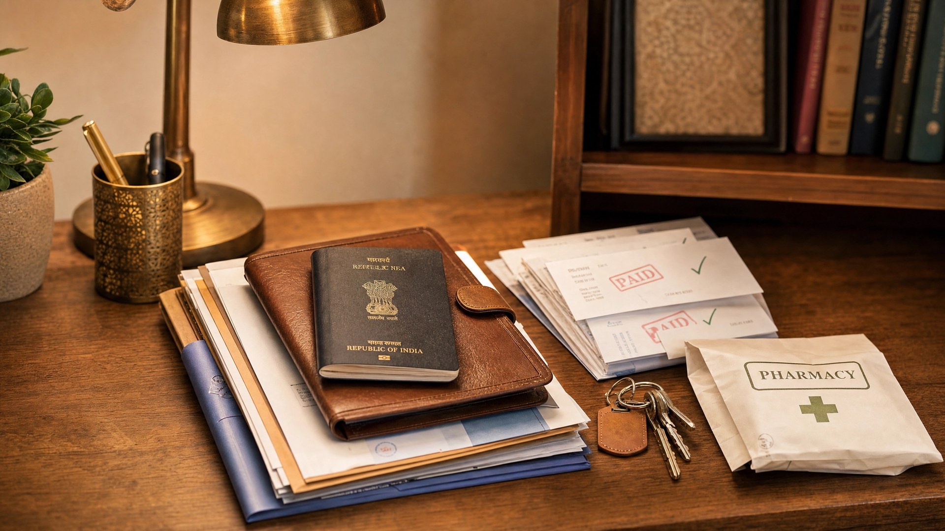 Organised desk with bills, passport, and keys — errands handled