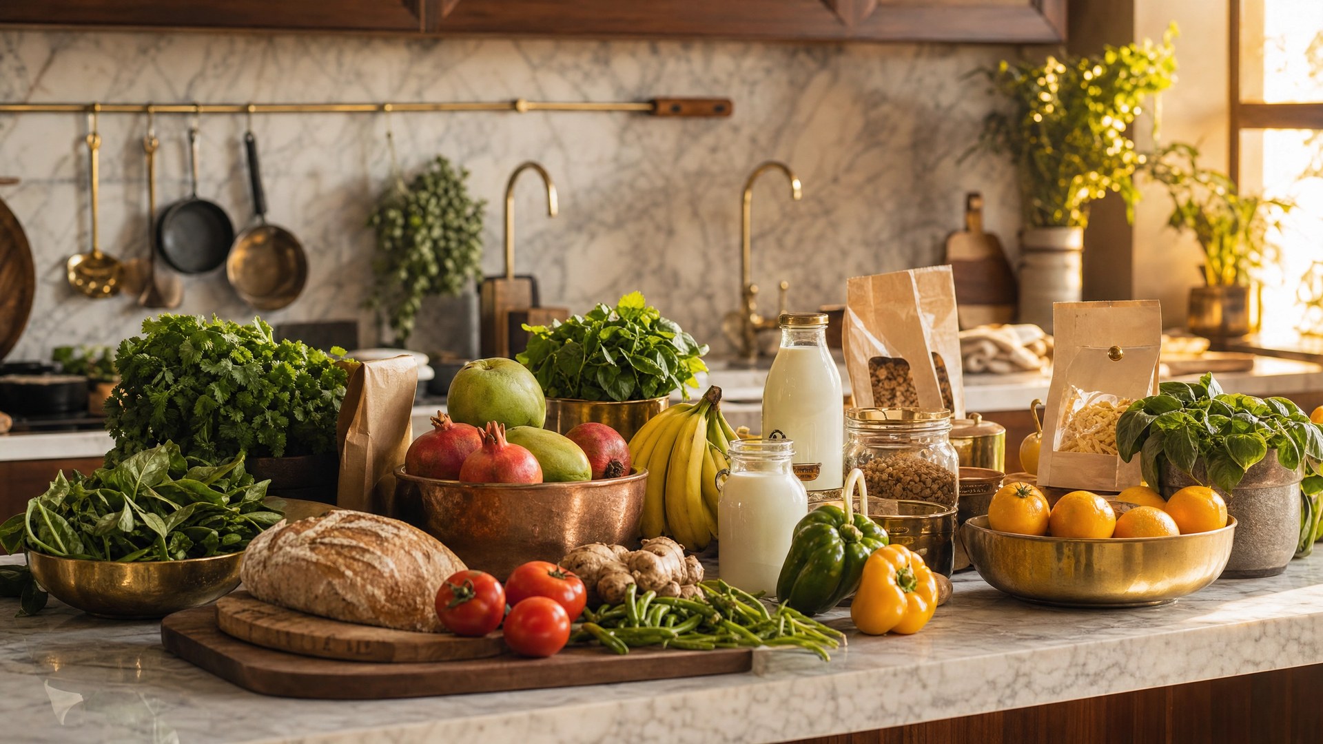 Fresh groceries on marble kitchen counter