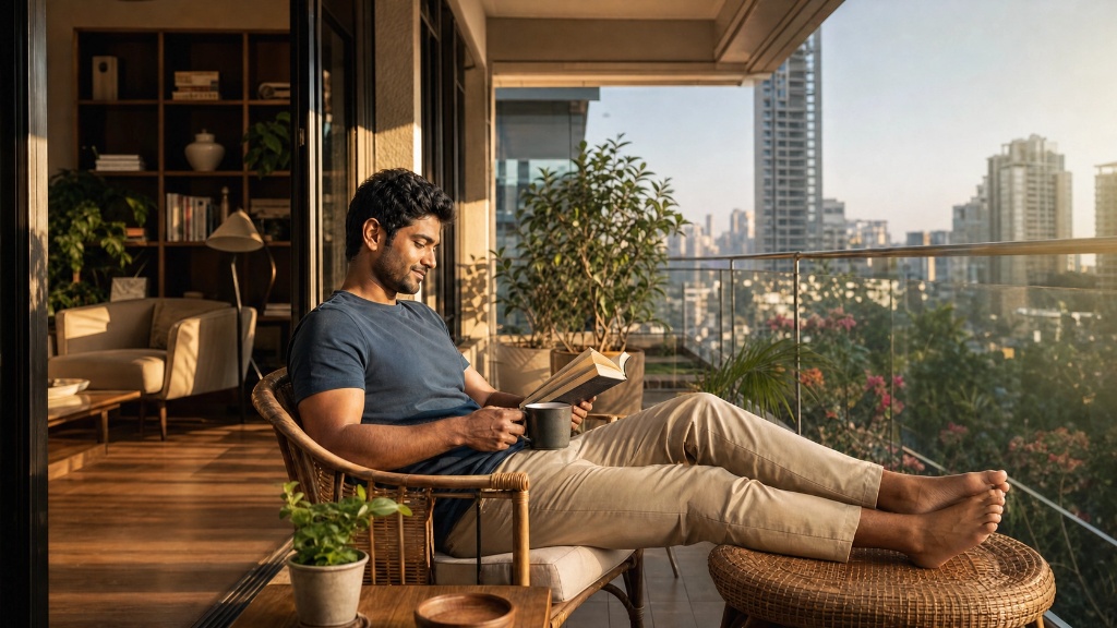 Client relaxing on balcony with city view