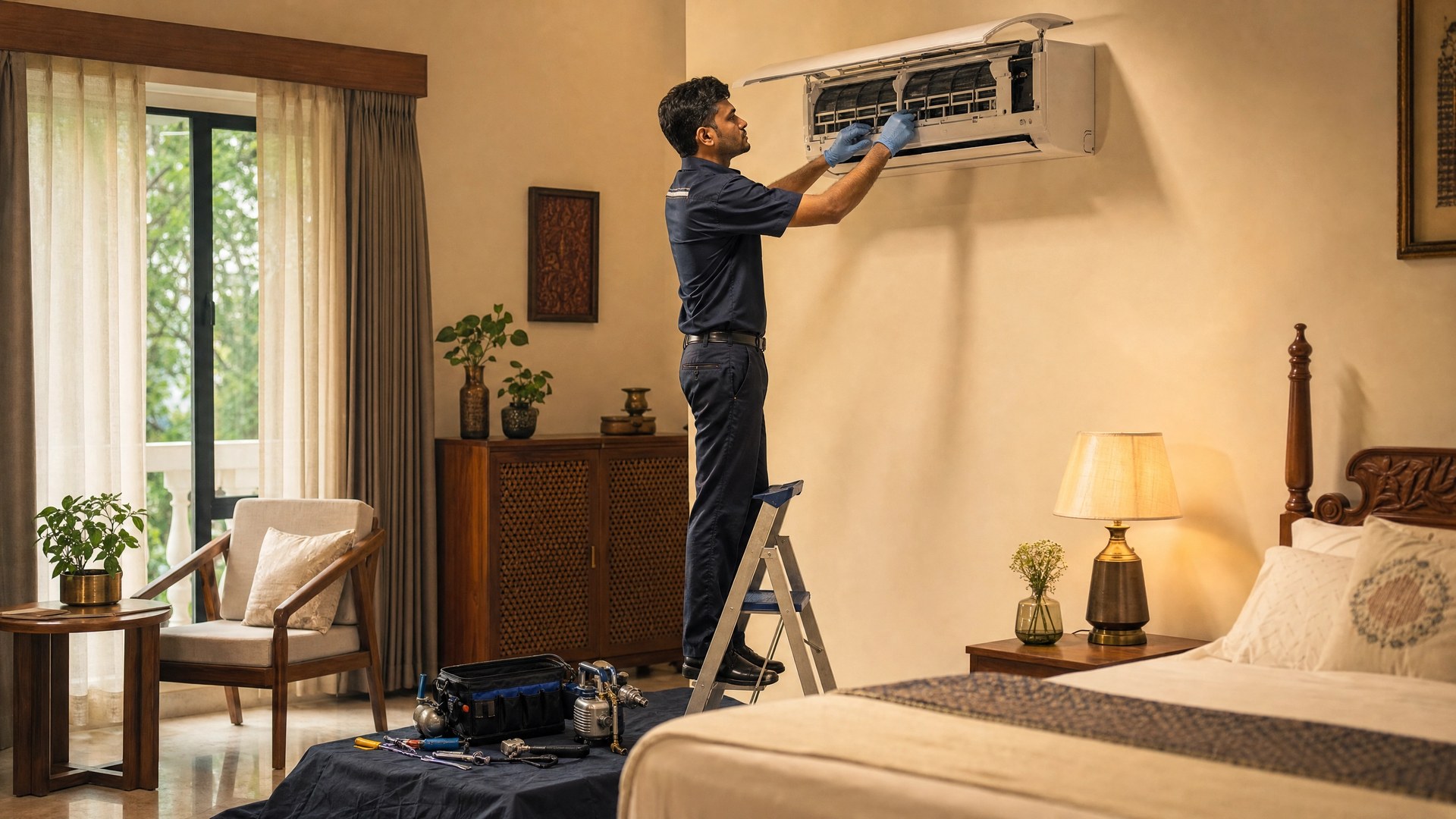 Professional technician servicing home AC unit