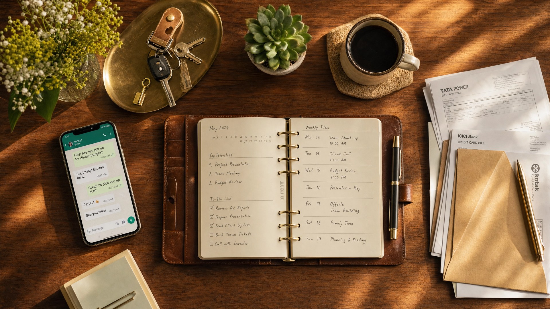 Organised planner with bills, phone and coffee — vendor management