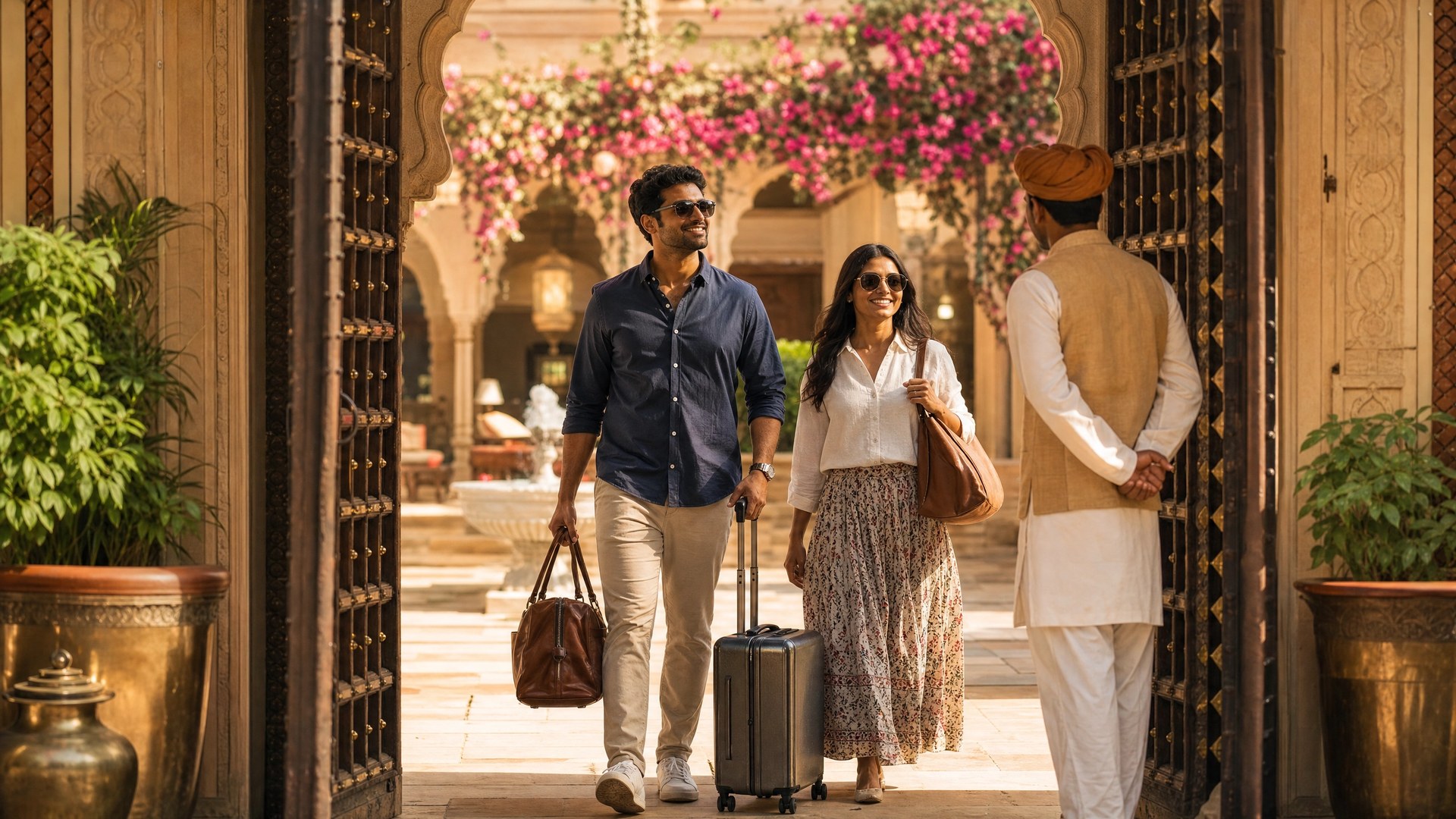 Couple welcomed at a luxury heritage resort